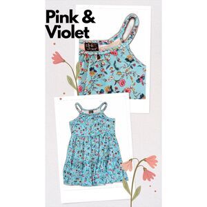 Pink & Violet Girl Tank Top Sun Dress Floral Print Teal Blue Size L